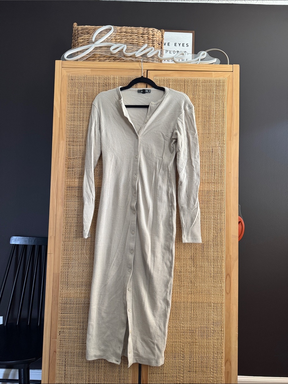 Missguided Beige Long Sleeve Button Midi Dress